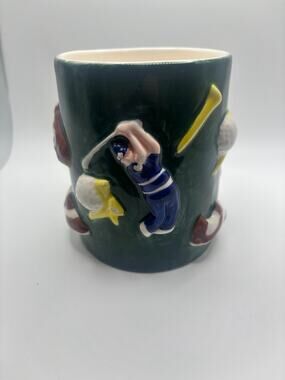 Vintage Golf Mug Cup Swank 1993 3D raised golf clubs shoe bag tee Kitschy 1990s